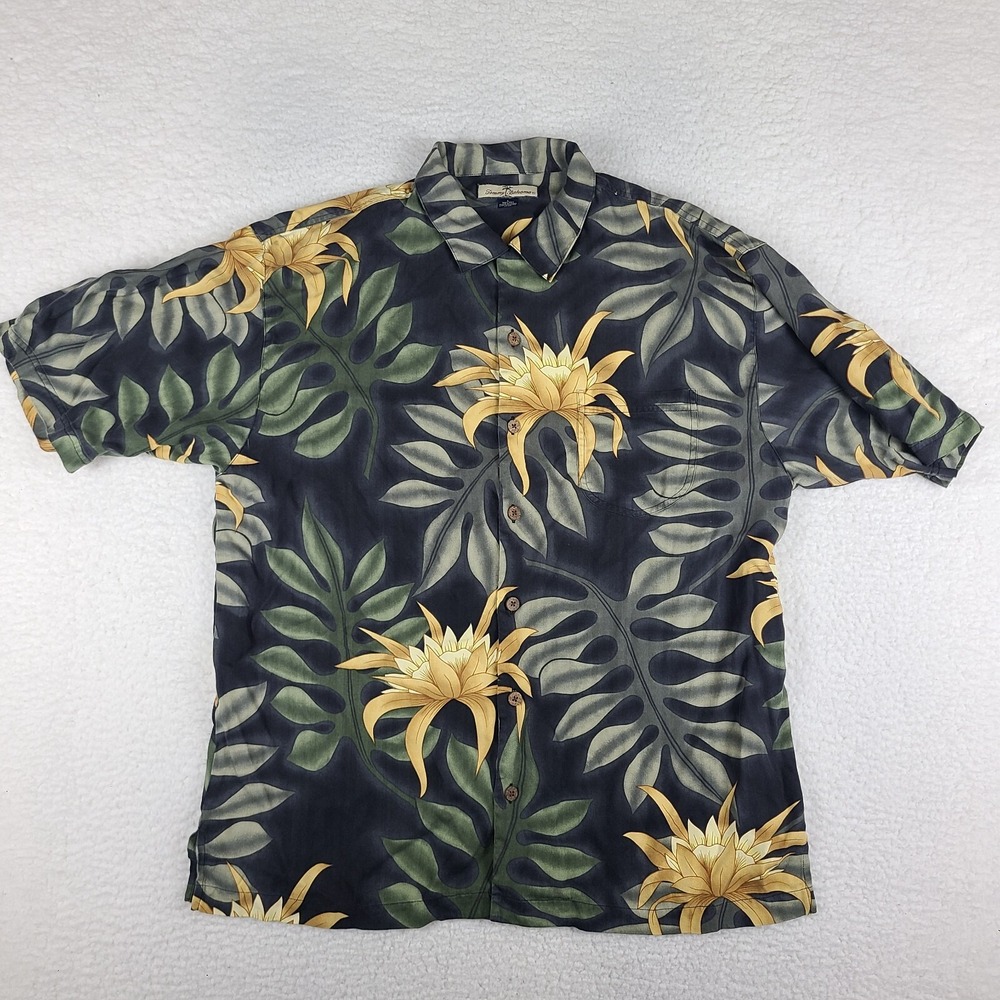 Tommy Bahama Dress Shirt Mens Large Black Green Floral Silk Hawaiian Button Up